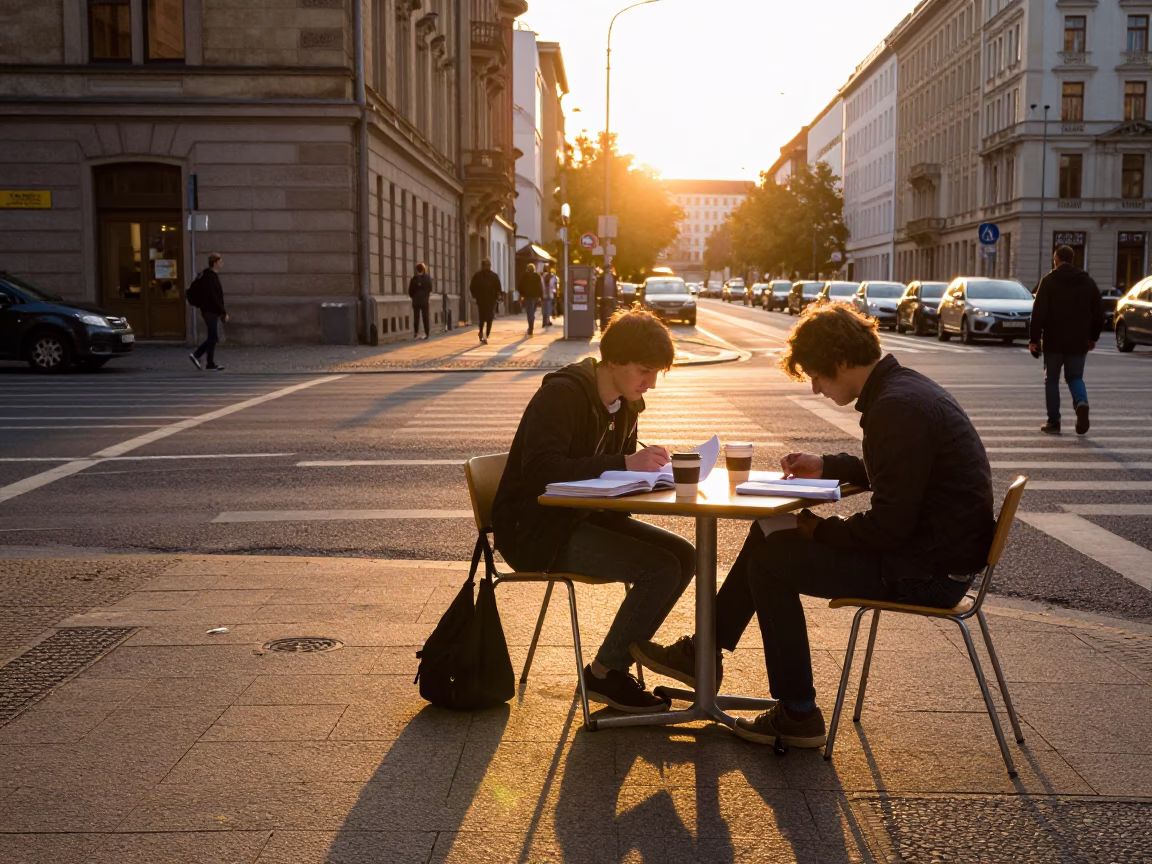 Berlin Sunset Street Scene with University Seminar Table and Notebook in in Berlin, Germany