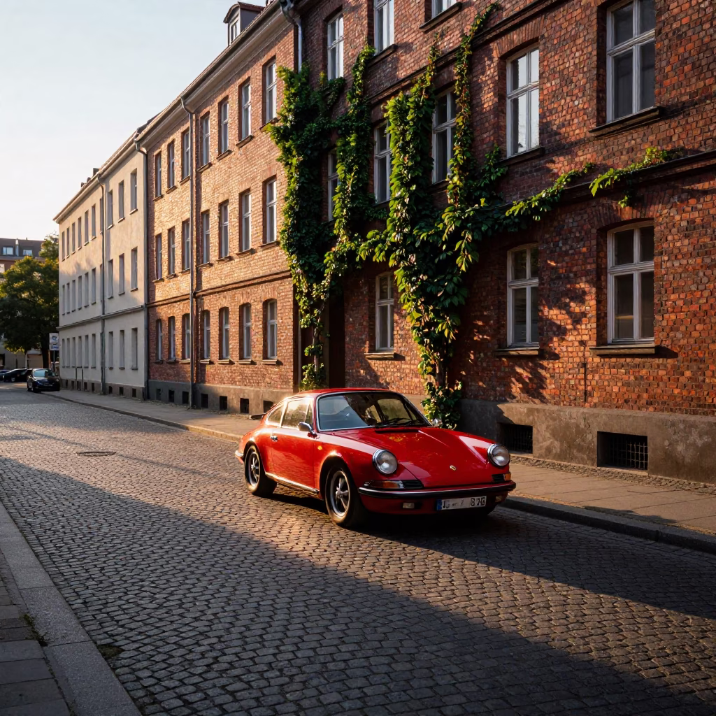 Berlin Sunset Street Scene with Vintage Sports Car and Ivy Vines in in Berlin, Germany