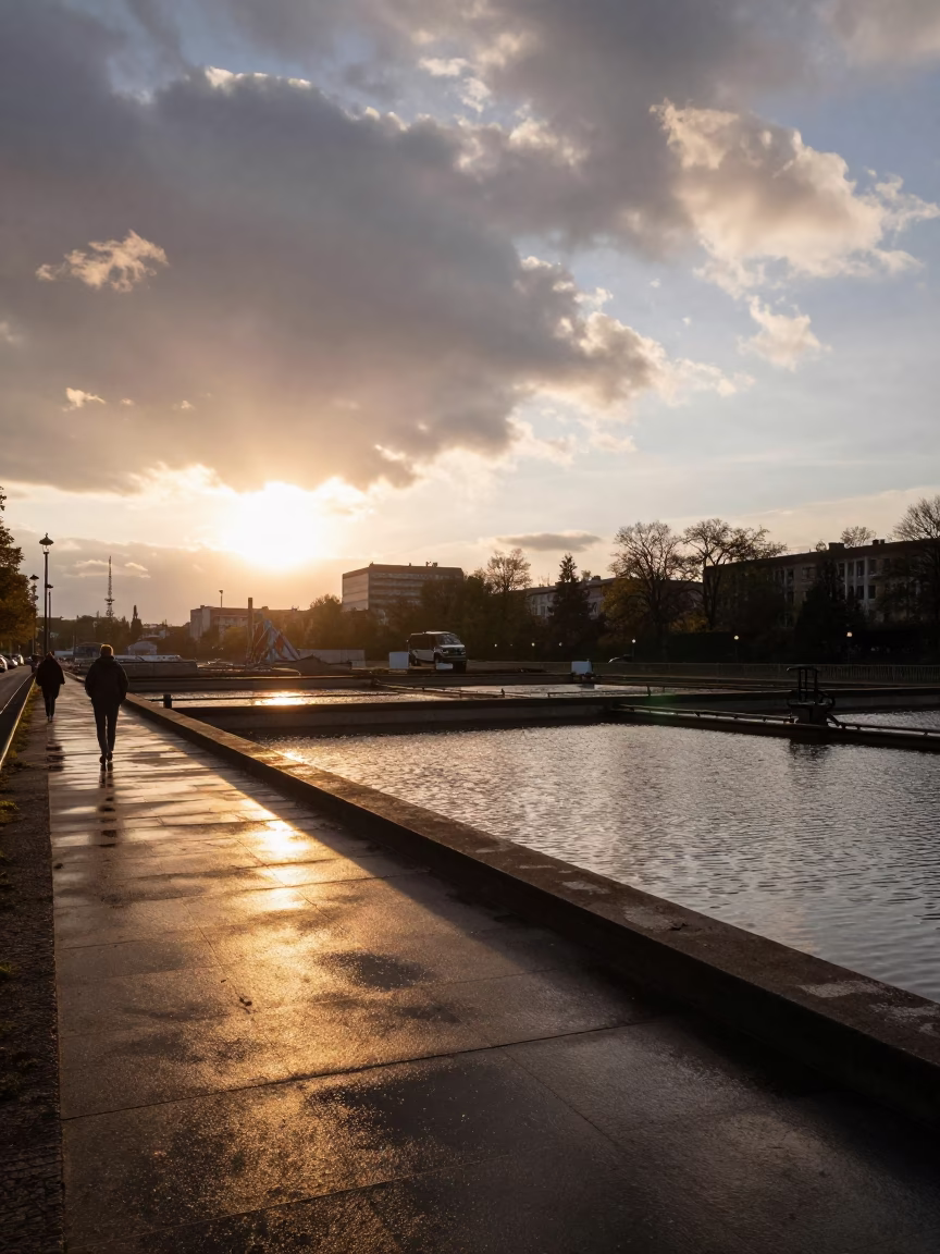 Berlin Sunset Street Scene with Water Treatment Basin and Industrial Reflections in in Berlin, Germany