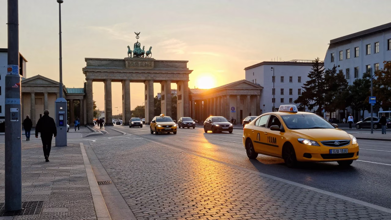 Berlin Sunset Street Scene with Yellow Taxi and Bottle on Cobblestone in in Berlin, Germany