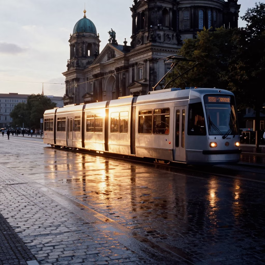 Berlin Sunset Tram Reflection on Wet Cobblestones at Gendarmenmarkt in in Berlin, Germany