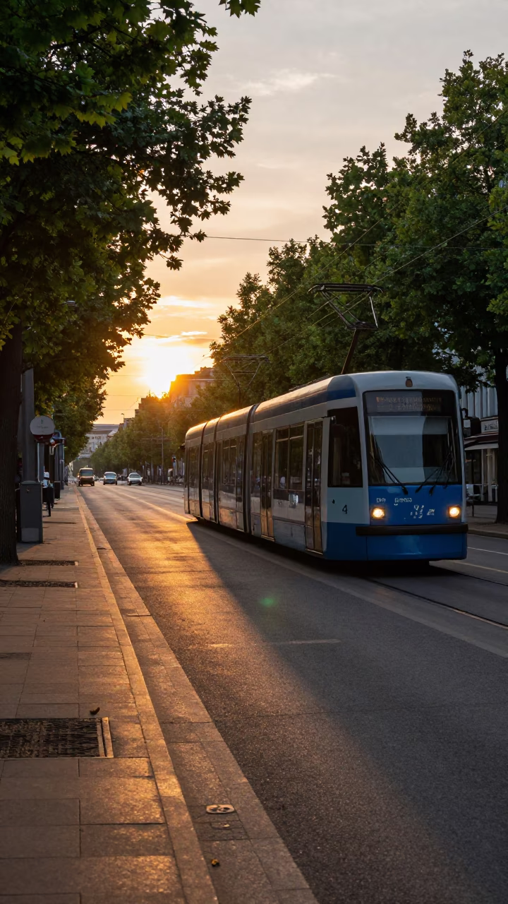 Berlin Tram on Tree-Lined Boulevard at Sunset with Wicker Shadow on Brick Wall in in Berlin, Germany