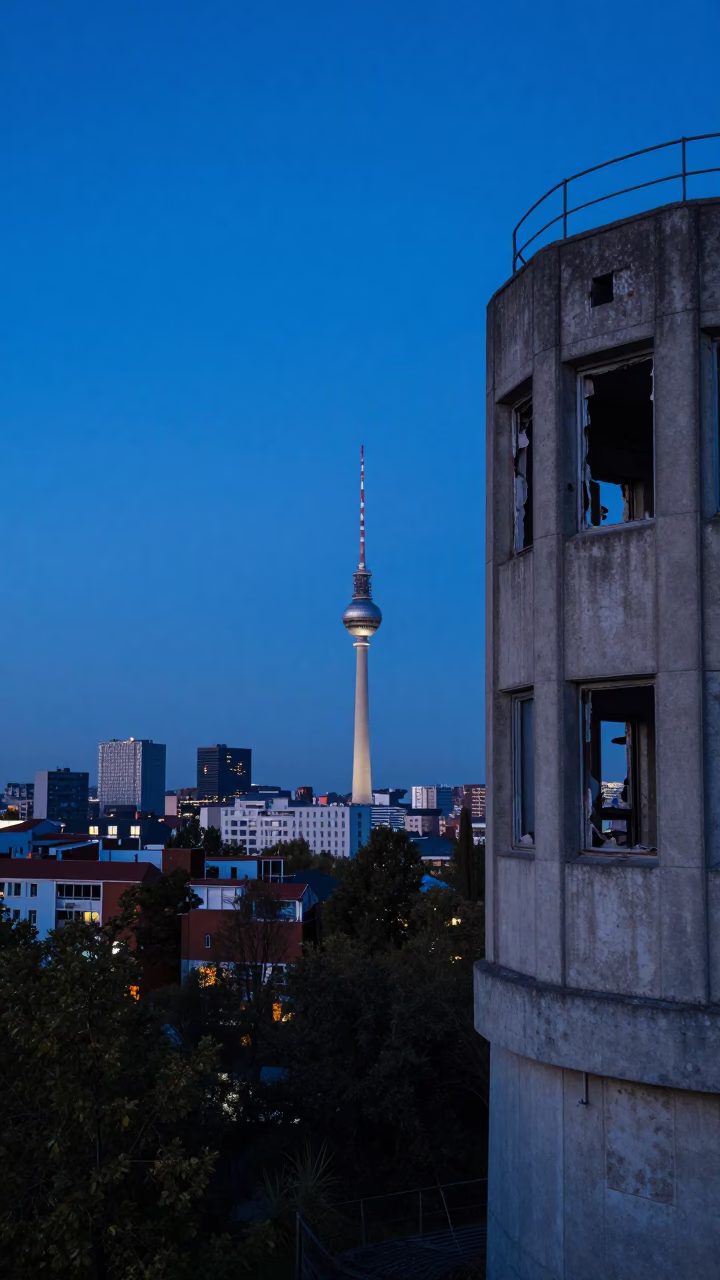 Berlin Twilight Skyline View from Teufelsberg Abandoned Listening Station Ruins in in Berlin, Germany
