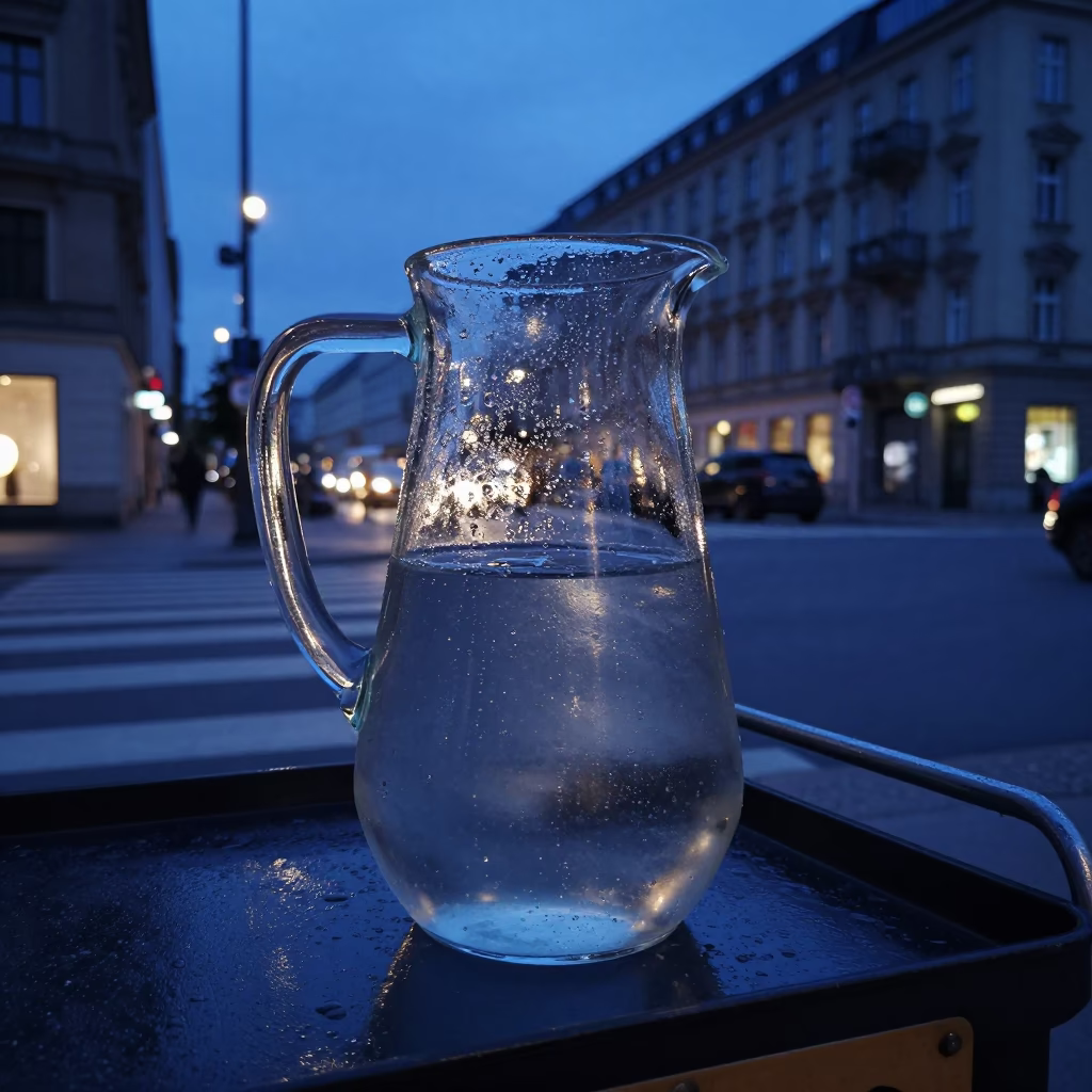 Berlin Twilight Street Scene with Condensation on Pitcher Handle and Urban Architecture in in Berlin, Germany