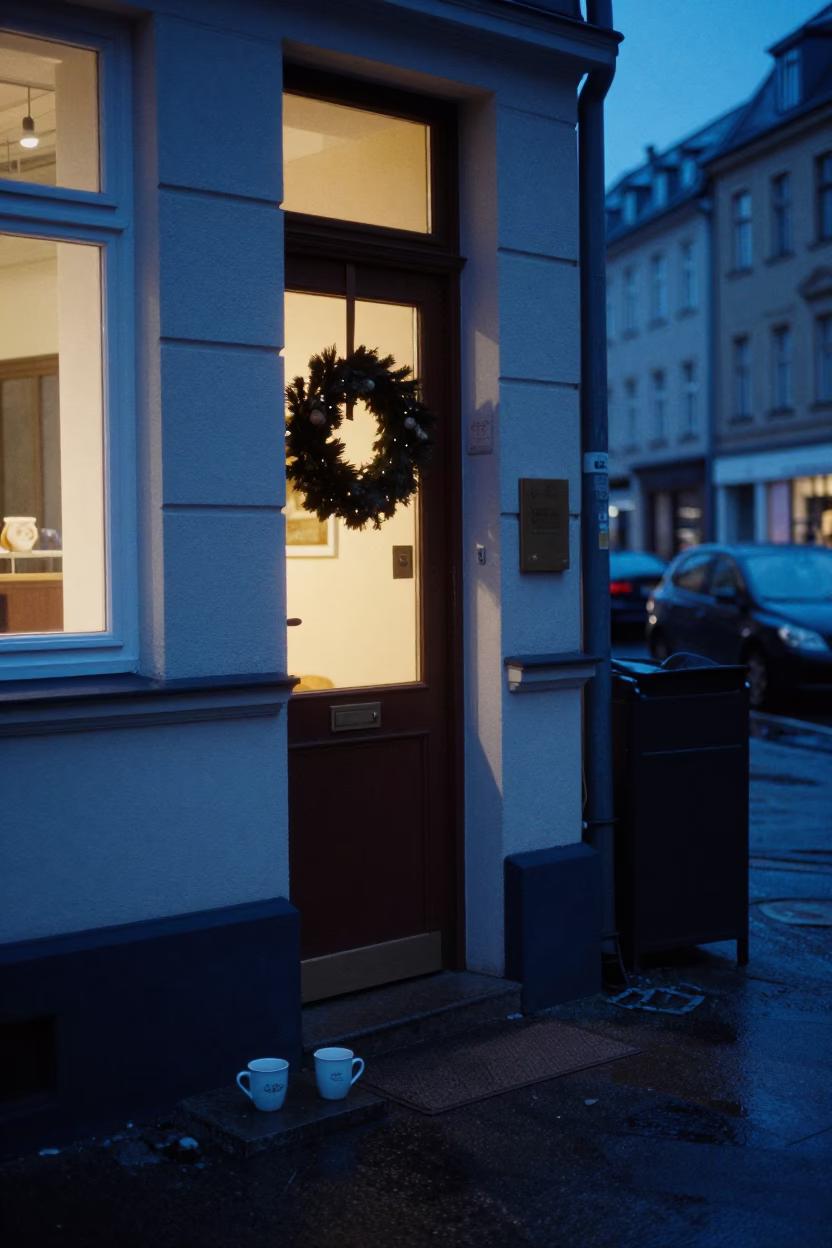 Berlin Twilight Street Scene with Door Wreaths and Coffee Mugs in in Berlin, Germany