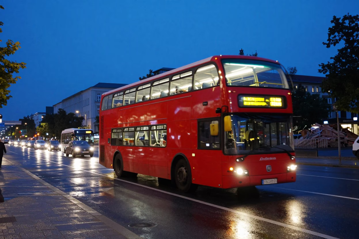 Berlin Twilight Street Scene with Double-Decker Bus and Pile Driver Construction in in Berlin, Germany