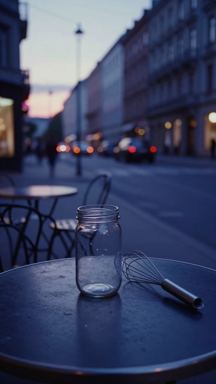Berlin Twilight Street Scene with Glass Jar and Whisk on Cafe Table in in Berlin, Germany