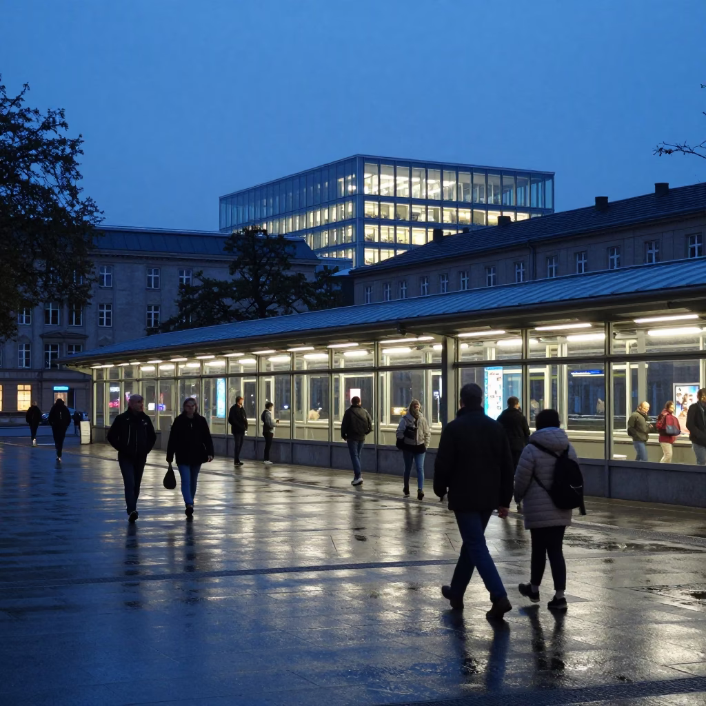 Berlin Twilight Street Scene with Glass Steel Station and Wet Brick Quad in in Berlin, Germany