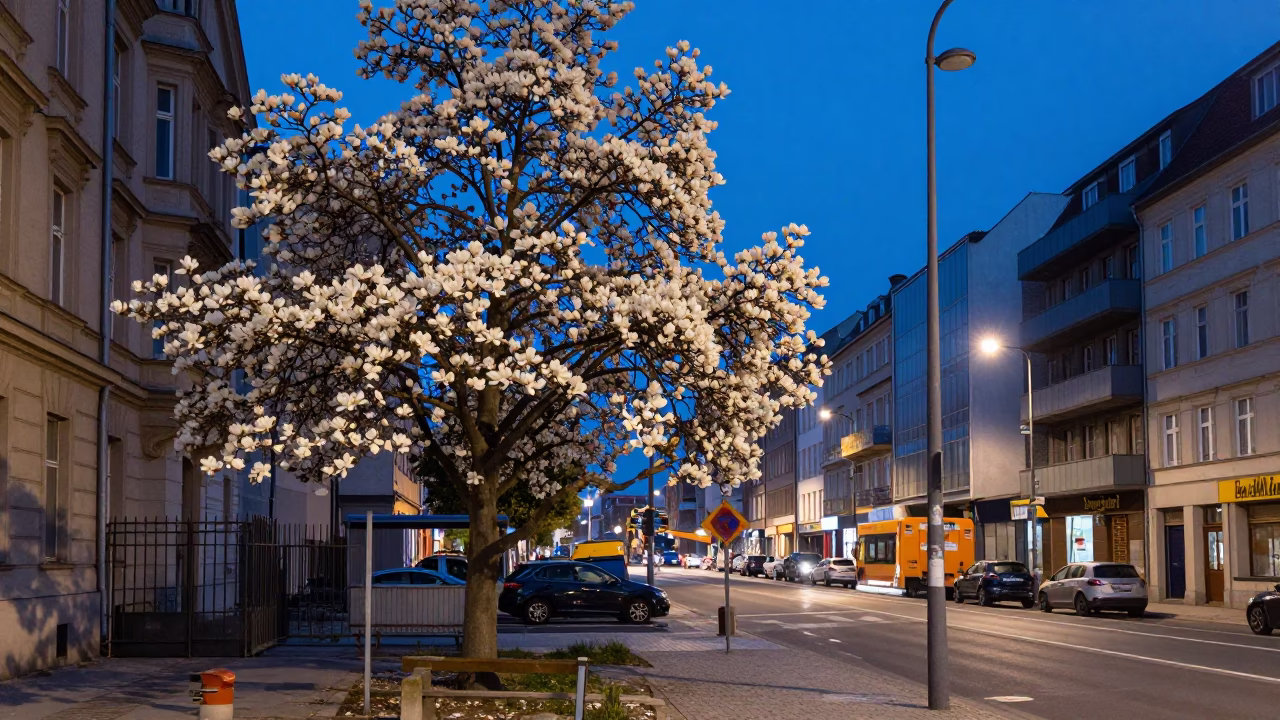 Berlin Twilight Street Scene with Magnolia Tree and Construction Activity in in Berlin, Germany