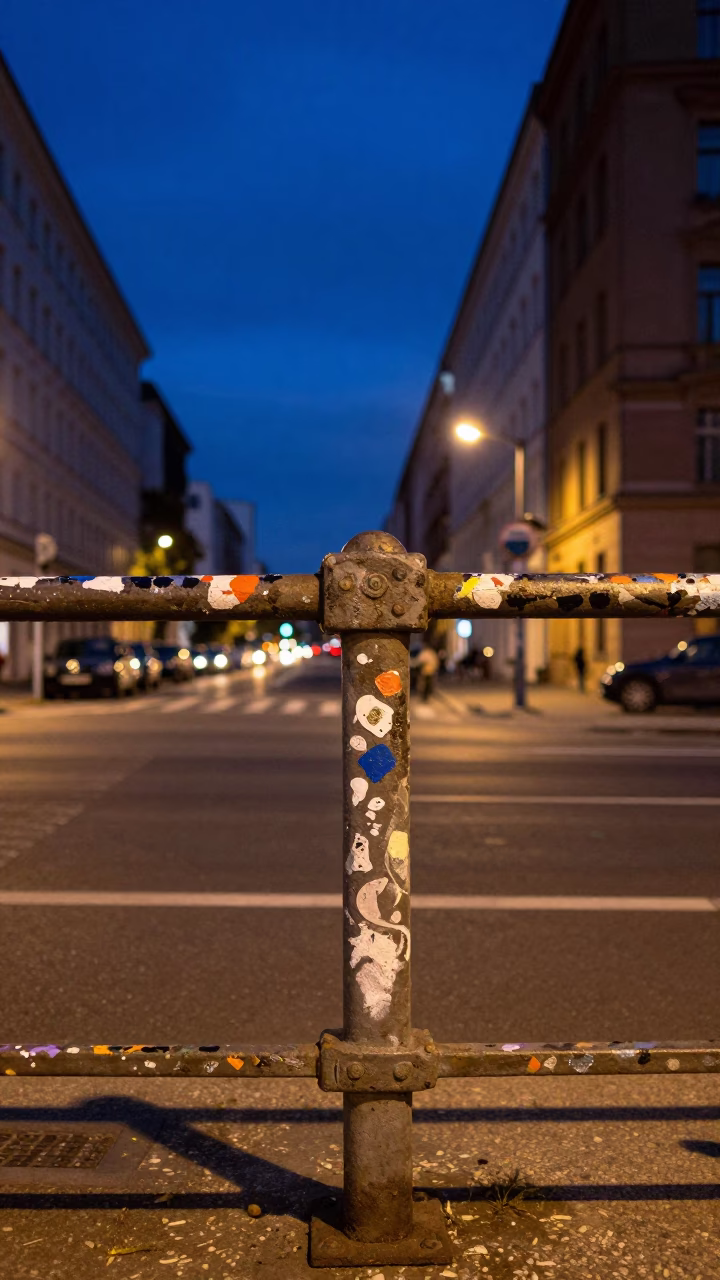 Berlin Twilight Street Scene with Paint Flecks on Rail and Urban Life in in Berlin, Germany