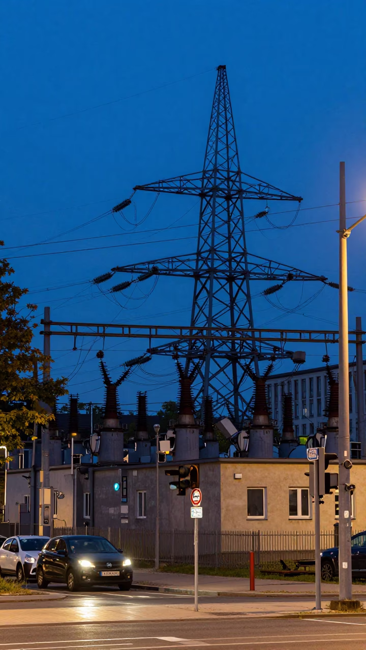 Berlin Twilight Street Scene with Power Substation and Urban Infrastructure Details in in Berlin, Germany