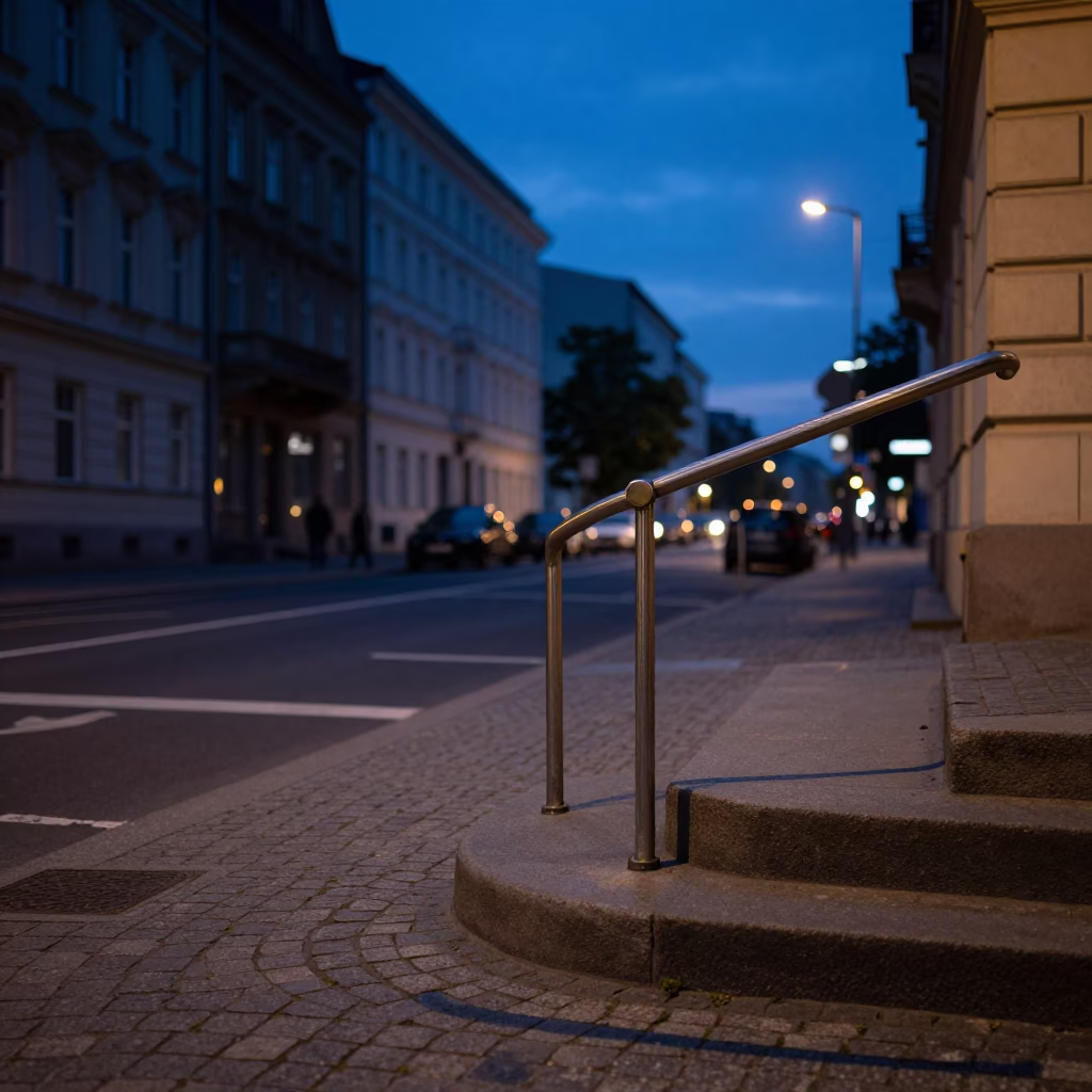 Berlin Twilight Street Scene with Stair Rail and Urban Architecture in in Berlin, Germany