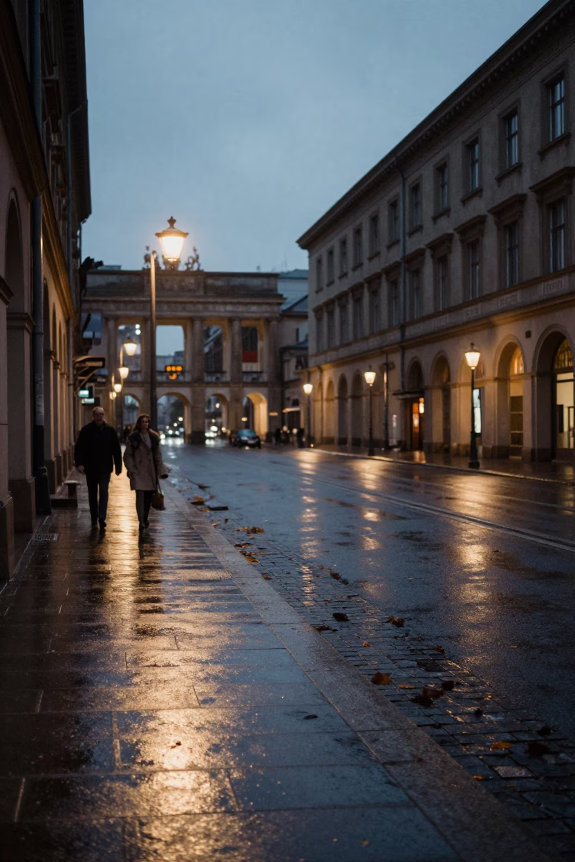 Berlin Twilight Street Scene with University Arcade Wet Leaves and Local Passersby in in Berlin, Germany
