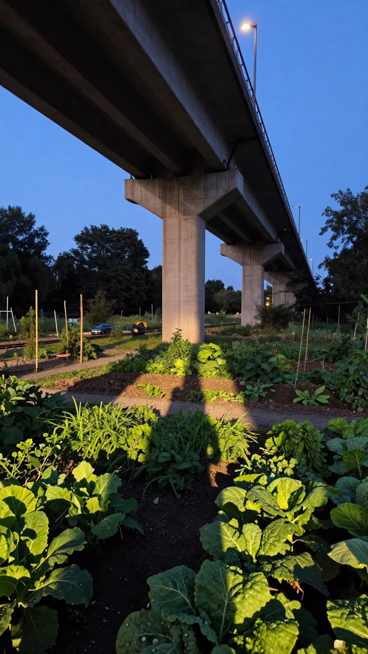 Berlin Twilight Street Scene with Viaduct Shadow and Allotment Gardens in in Berlin, Germany