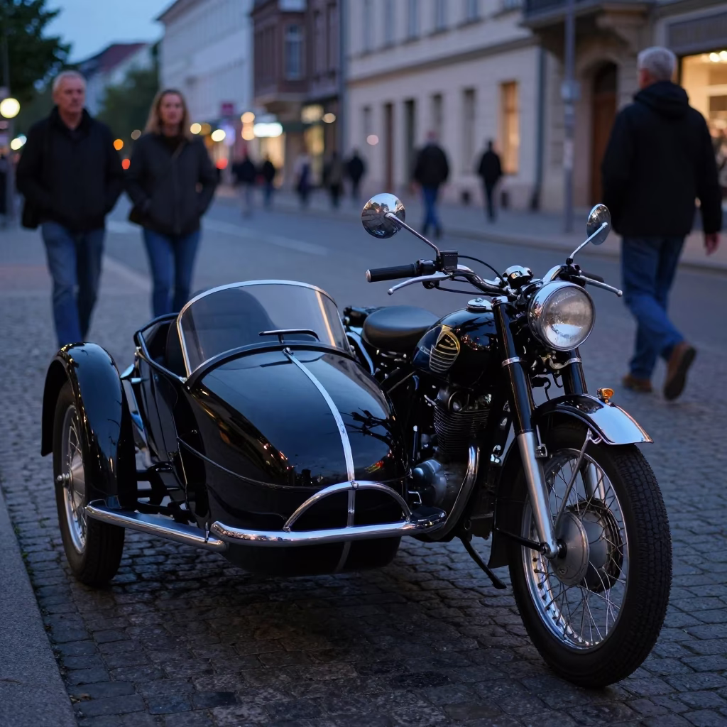 Berlin Twilight Street Scene with Vintage Motorcycle and Sidecar in Urban Setting in in Berlin, Germany