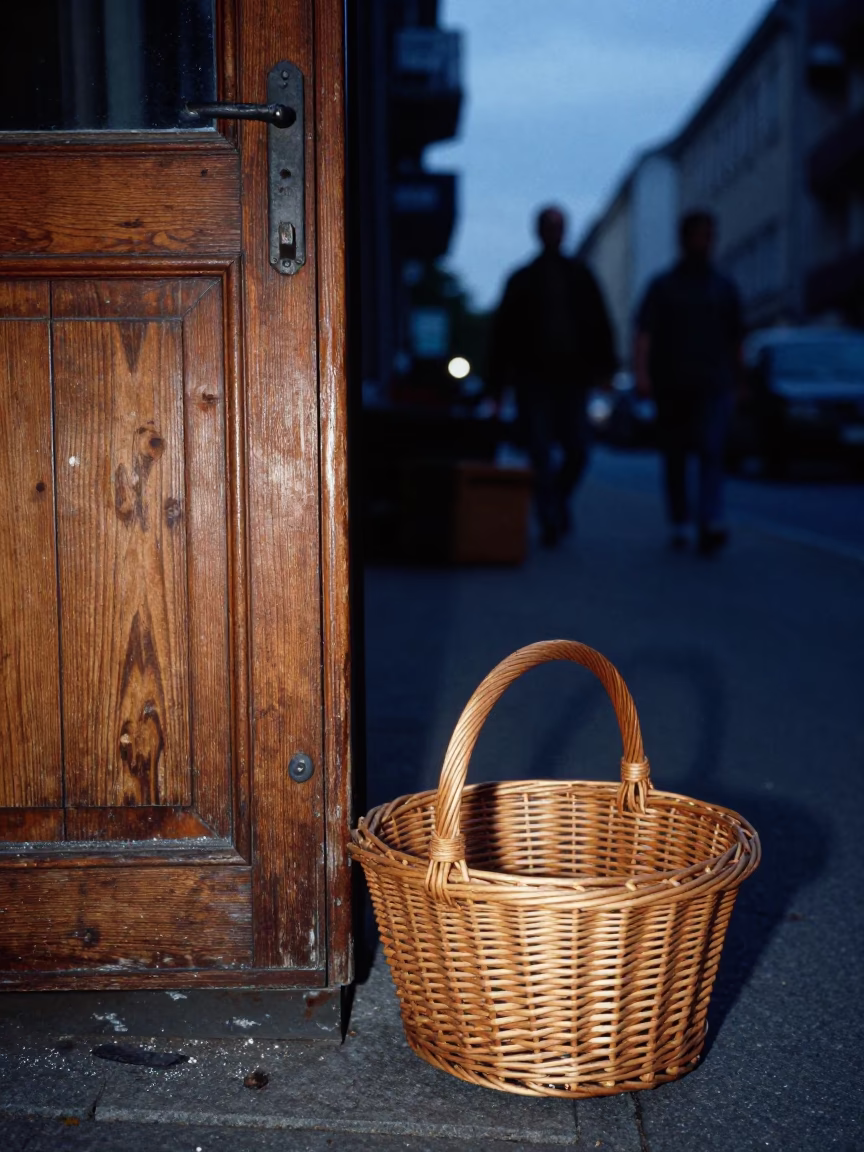 Berlin Twilight Street Scene with Vintage Wicker Basket and Dusty Cabinet Door in in Berlin, Germany