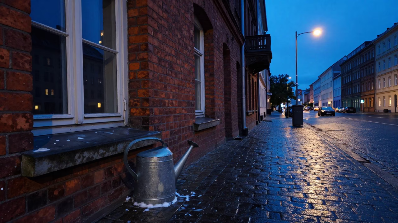 Berlin Twilight Street Scene with Watering Can and Soap Residue on Window Sill in in Berlin, Germany