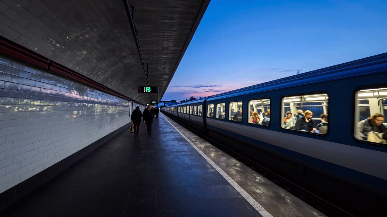 Berlin U-Bahn Art Station at Indigo Twilight with Commuters and Subway Train in in Berlin, Germany