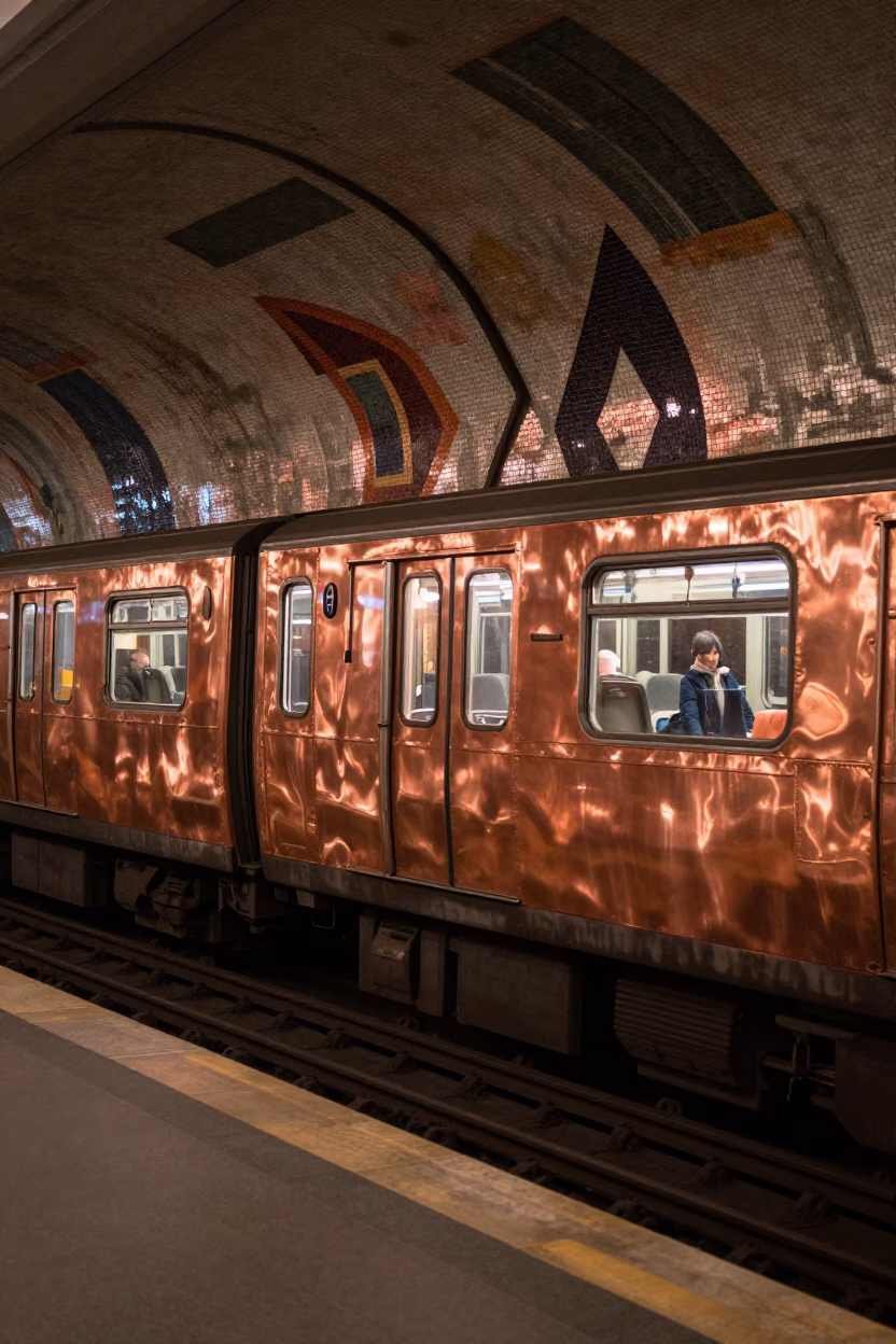 Berlin U-Bahn Station Dusk Metro Train Art Adorned Walls Copper Light in in Berlin, Germany