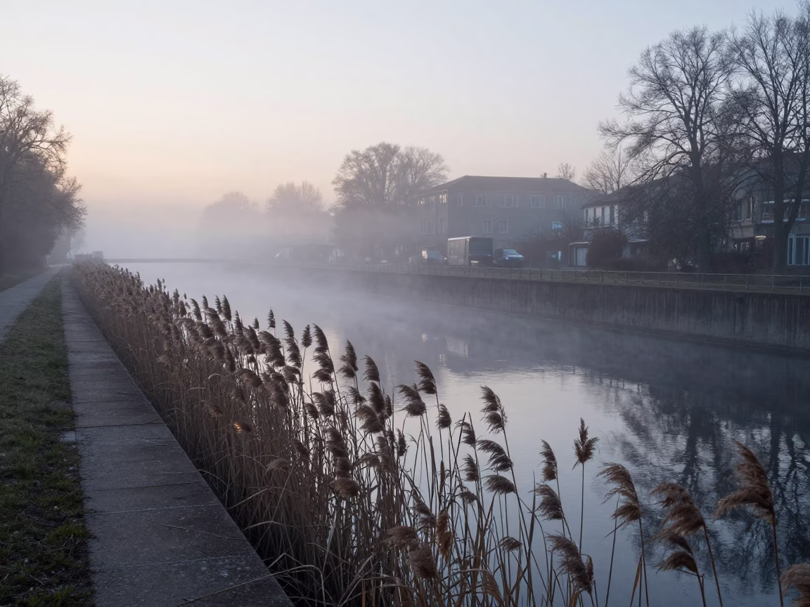 Berlin Urban Canalside Dawn Mist Concrete Canal Reeds and Rain in in Berlin, Germany