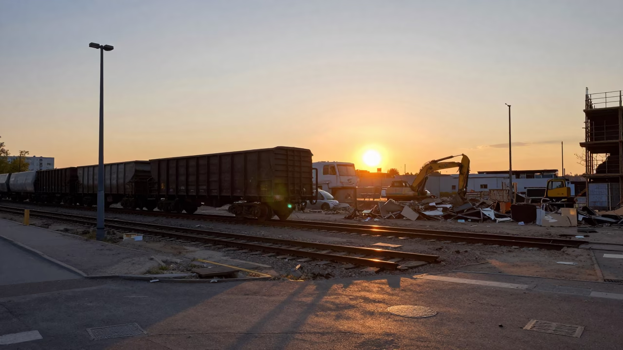 Berlin Urban Decay and Construction at Sunset with Demolition Dumpster and Freight Train in in Berlin, Germany
