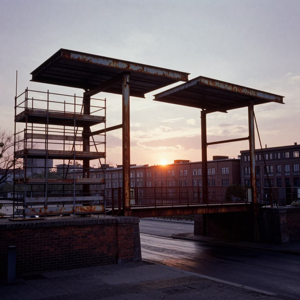 Berlin Urban Decay at Dusk: Rusted Drawbridge and Scaffold Muralist Working in in Berlin, Germany