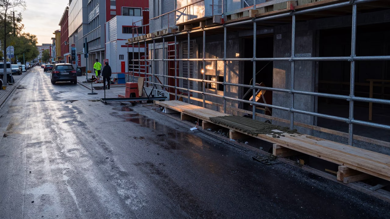 Berlin Urban Decay Pre-Dawn Construction Site with Wet Asphalt and Scaffold in in Berlin, Germany