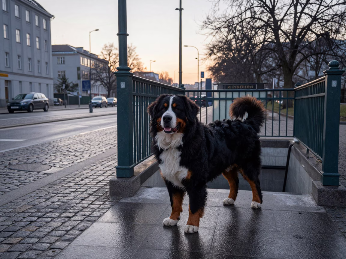 Berlin Winter Dawn Street Scene with Bernese Mountain Dog and Urban Details in in Berlin, Germany