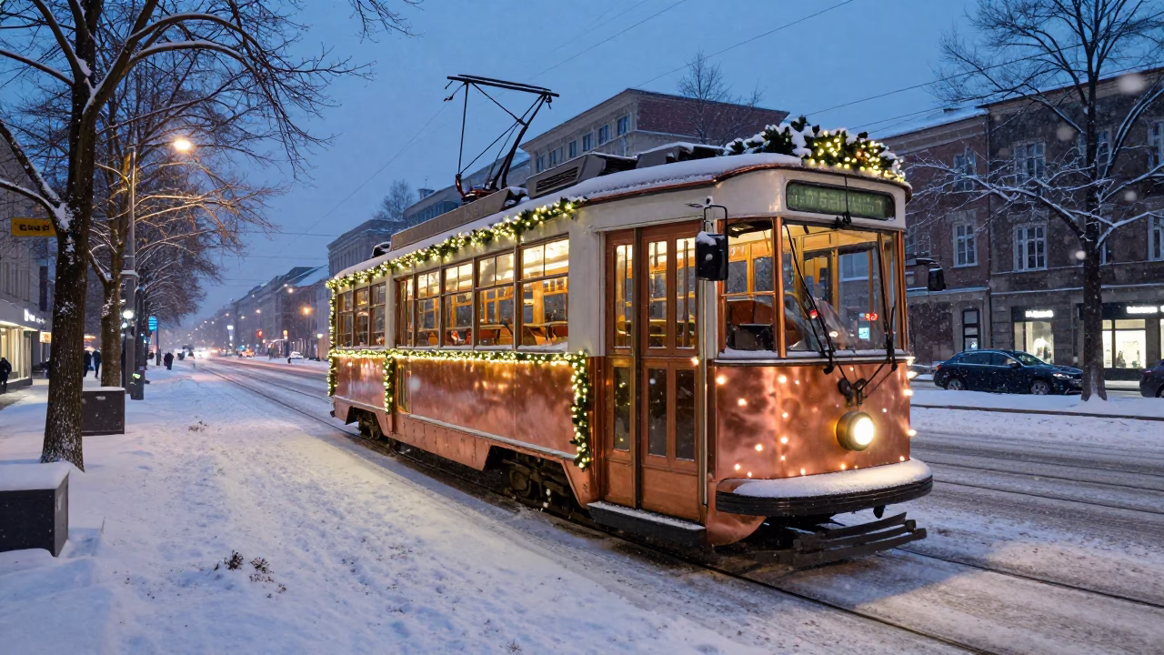 Berlin Winter Evening Tramcar Decorated for Christmas Snowy Avenue Copper Light in in Berlin, Germany
