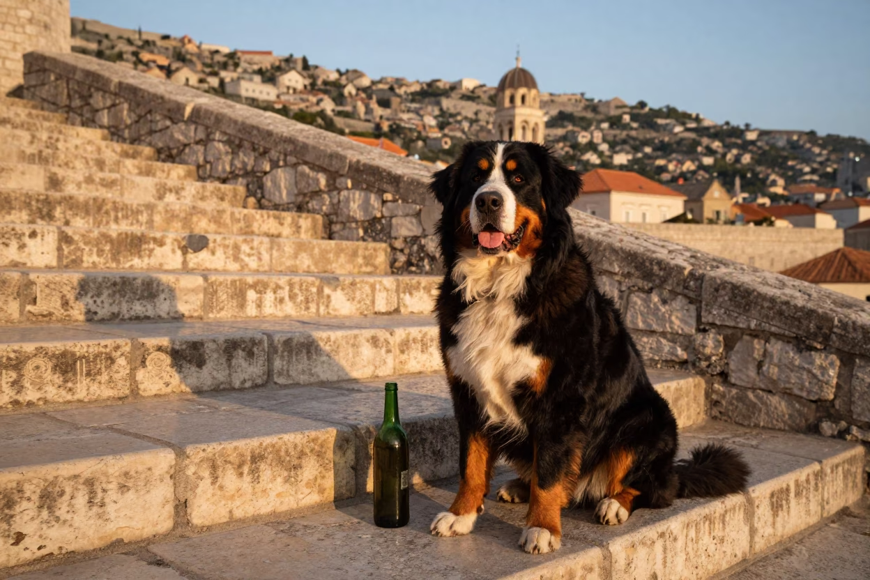 Bernese Mountain Dog and Bottle on Dubrovnik Stone Steps in Evening Light in in Dubrovnik, Croatia