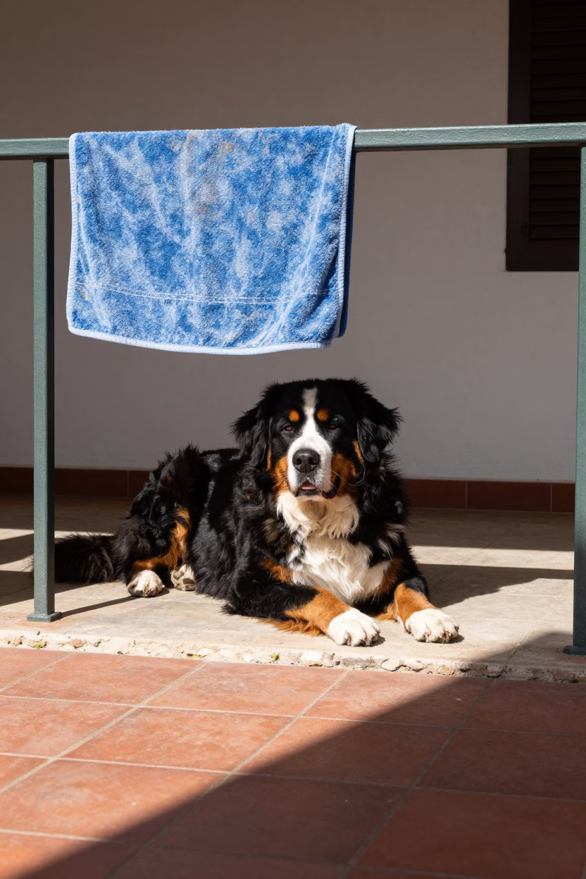Bernese Mountain Dog on Shaded Calle Jaen Porch in beside a plain courtyard wall in clear daylight with the animal at eye level in Calle Jaen, La Paz