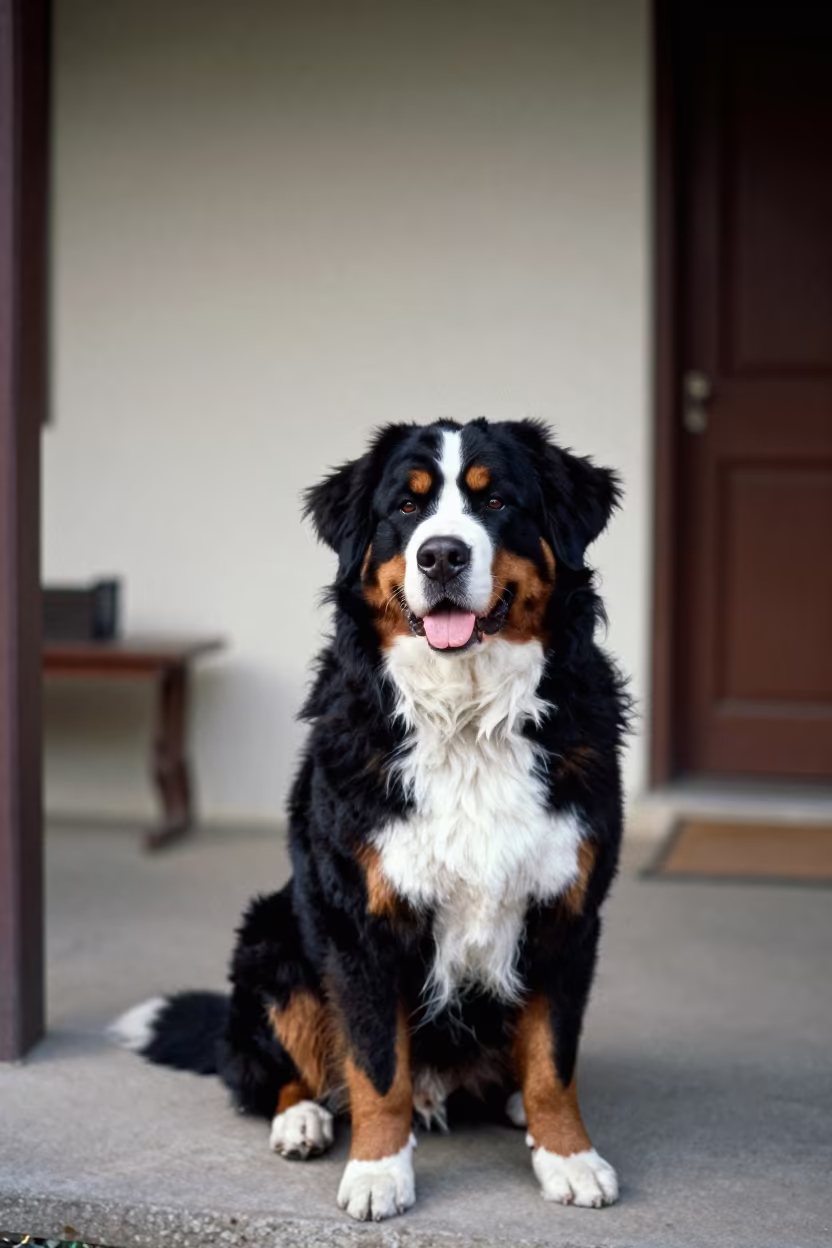 Bernese Mountain Dog on Shaded Kathmandu Porch in beside a plain courtyard wall in clear daylight with the animal at eye level in Ason, Kathmandu