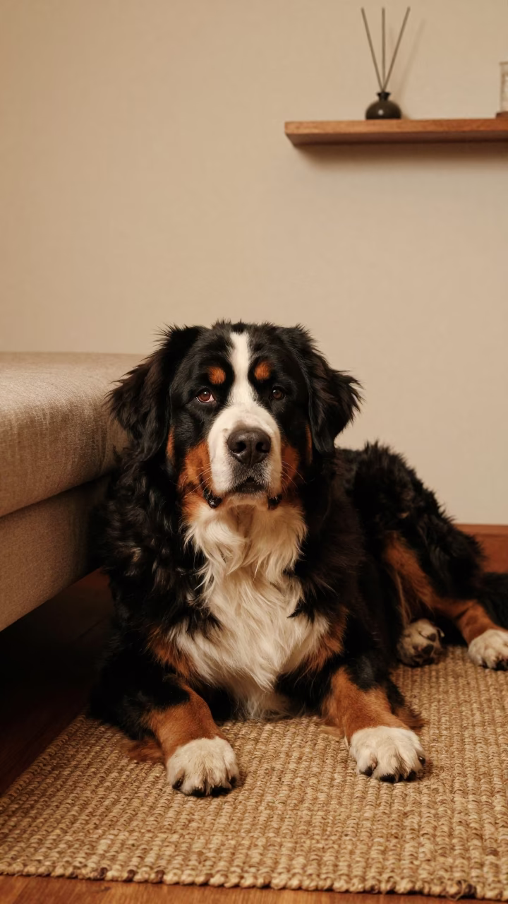 Bernese Mountain Dog on Woven Rug Near Dry Bridge Market in on a woven rug beside a low couch and an uncluttered wall near Dry Bridge Market, Tbilisi