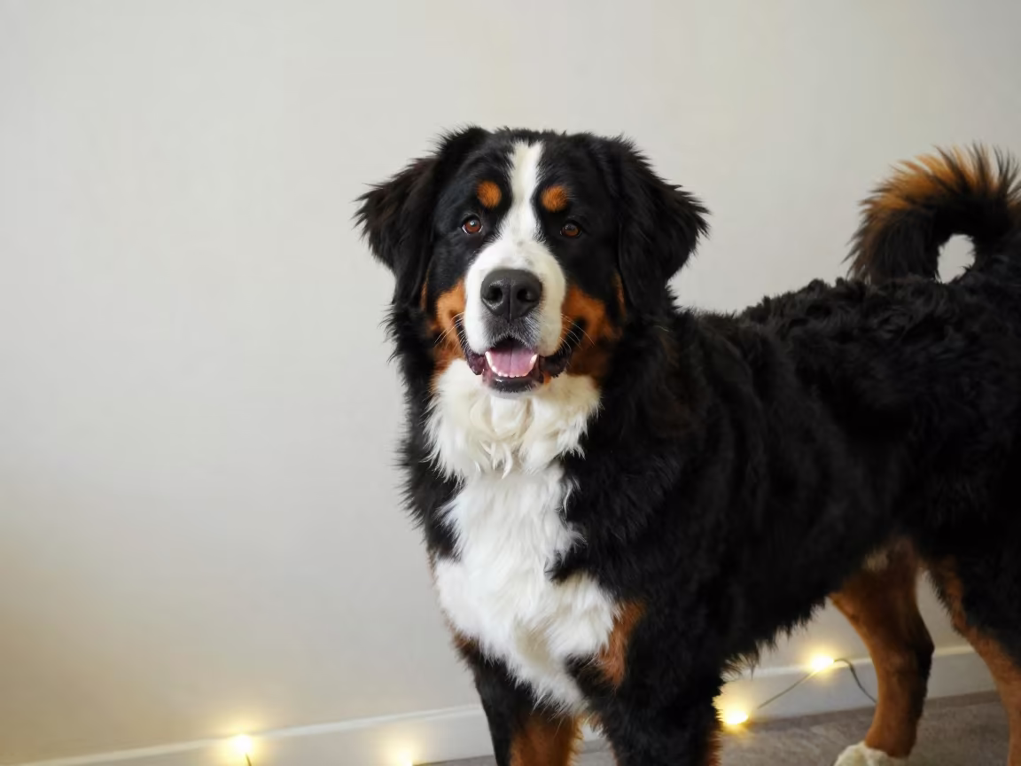 Bernese Mountain Dog Portrait Almaty Indoor in beside a plain plaster wall in soft indoor light with the animal centered in frame in Almaty