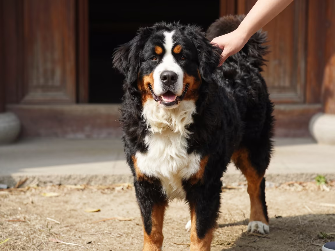 Bernese Mountain Dog Portrait Lhasa Garden in near a garden edge with soft morning light and an uncluttered background in Lhasa