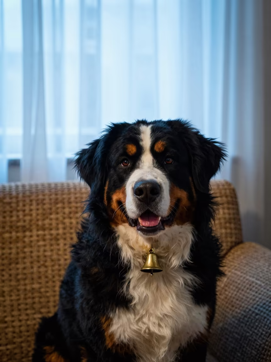 Bernese Mountain Dog Portrait Near Window in on a sofa near a curtained window with calm indoor light in Kathmandu