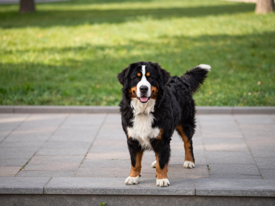 Bernese Mountain Dog Portrait on Bishkek Path in along a quiet park path with soft open shade and a clean background in Bishkek