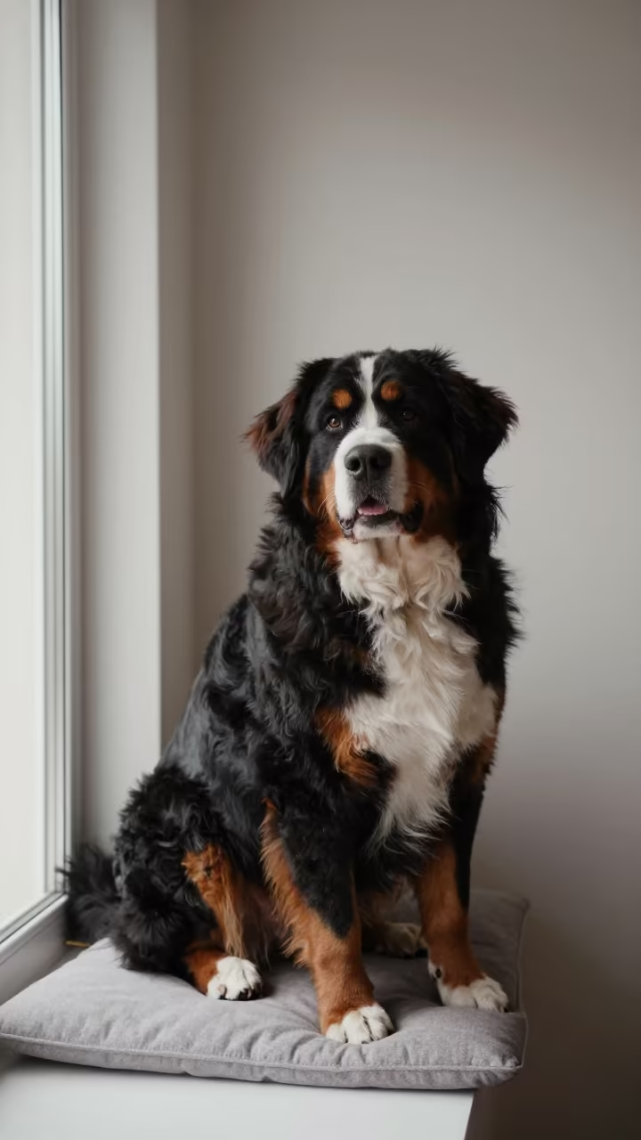 Bernese Mountain Dog Portrait on Window Seat in on a cushioned window seat with soft side light and an uncluttered background in Thimphu