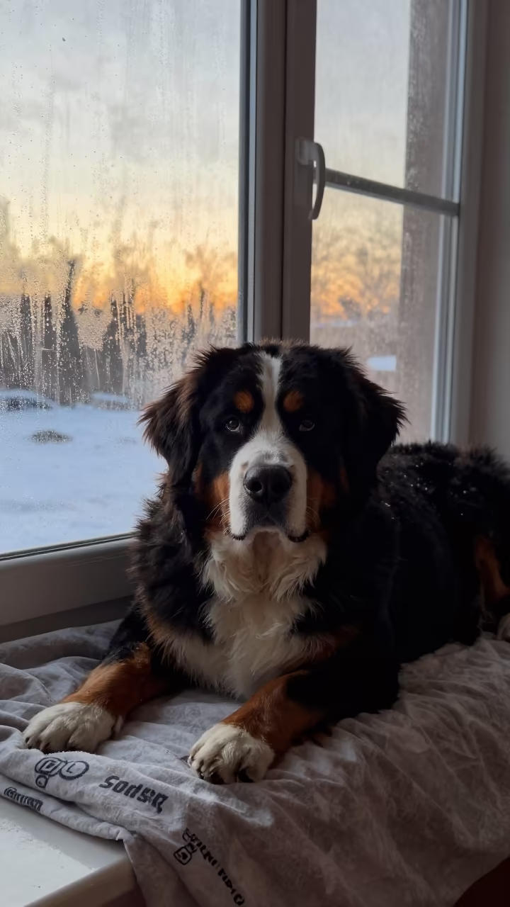Bernese Mountain Dog Resting by Window in on a bedspread near a bright window with calm indoor light in Lhasa
