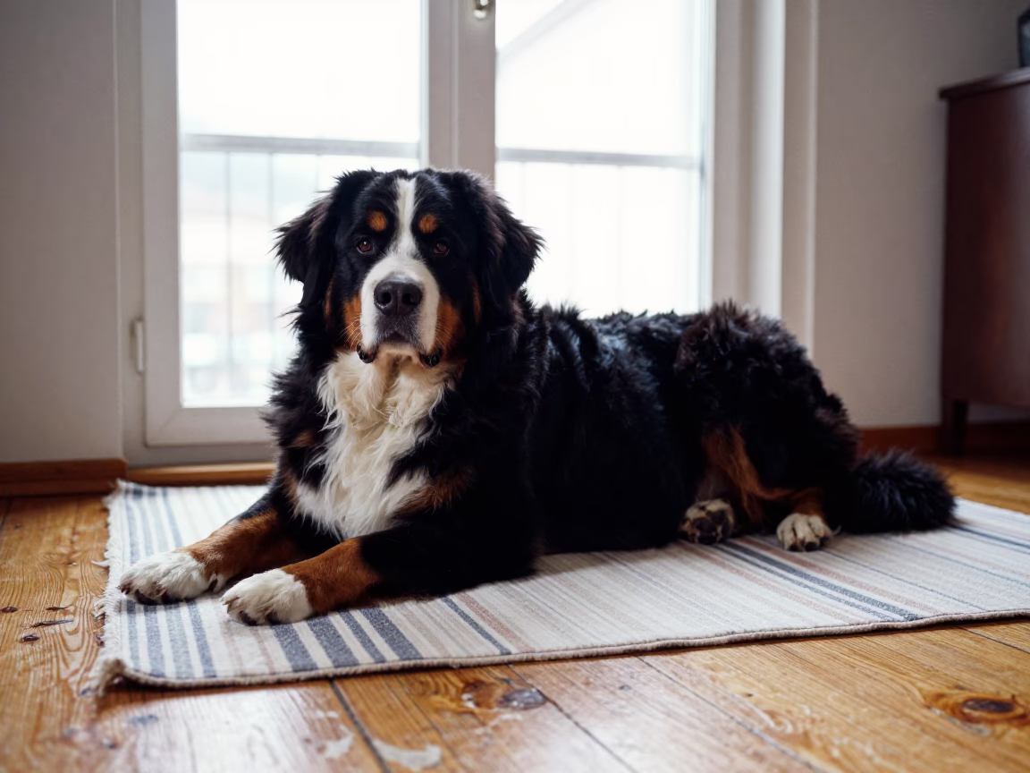 Bernese Mountain Dog Resting Near Window in on a bedspread near a bright window with calm indoor light in Innsbruck
