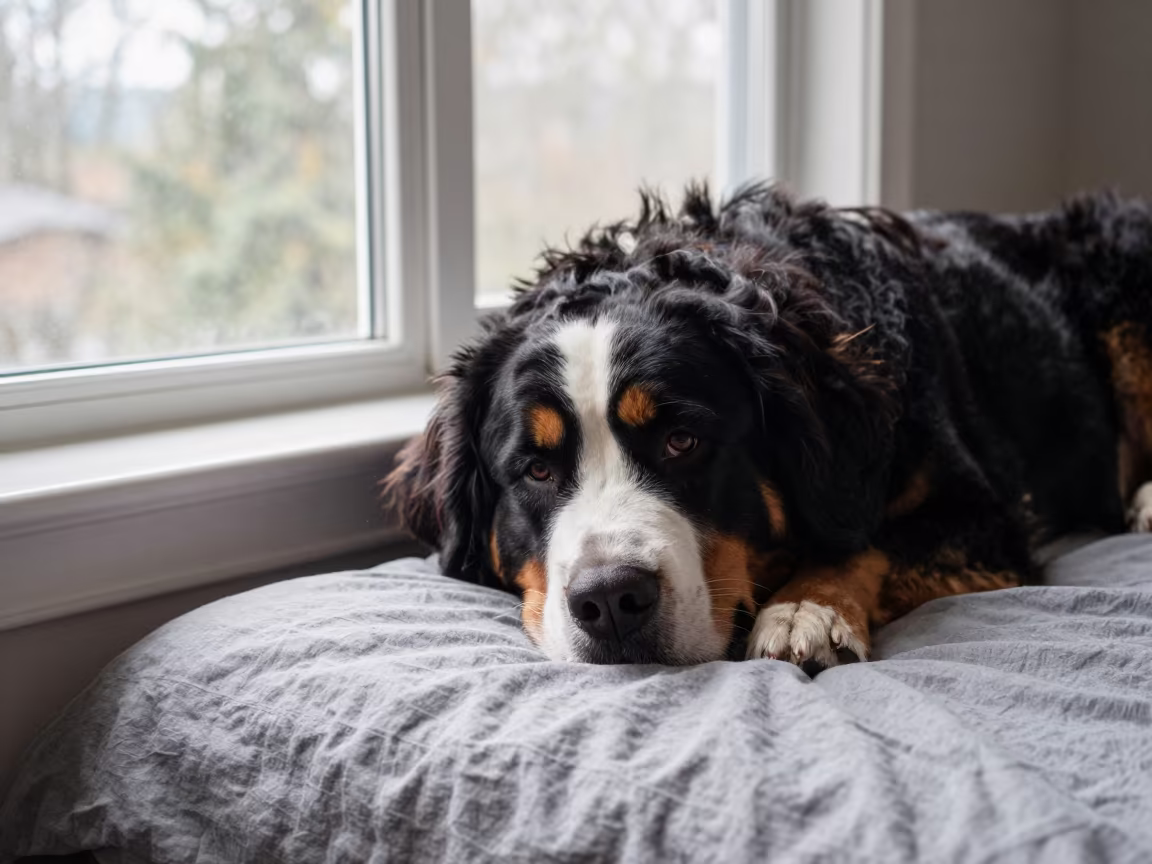Bernese Mountain Dog Resting on Bedspread Near Window in on a bedspread near a bright window with calm indoor light near Vancouver