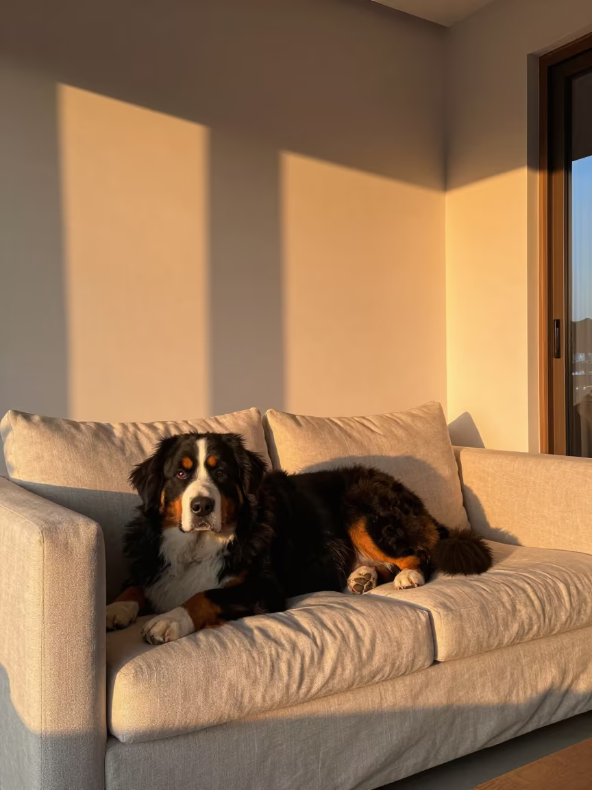 Bernese Mountain Dog Resting on Linen Sofa at Sunset in on a linen sofa with daylight from a nearby window in Thimphu