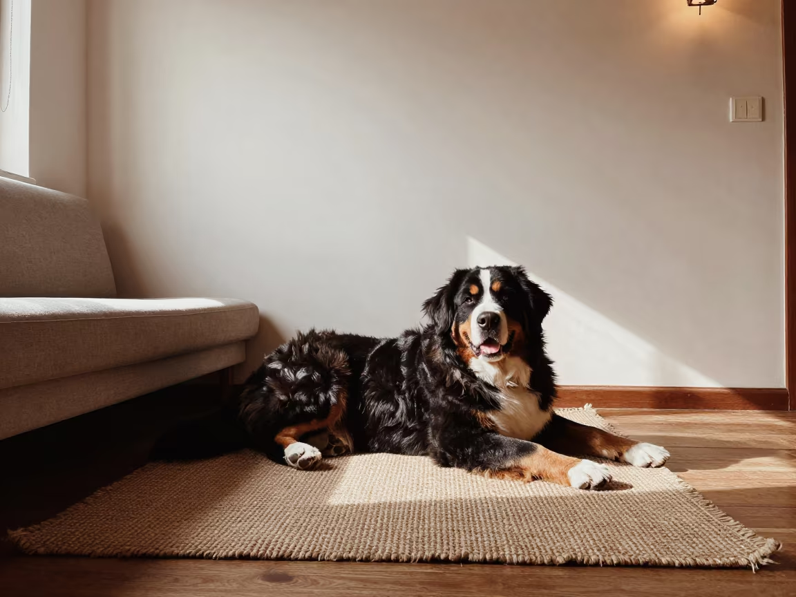 Bernese Mountain Dog Resting on Rug in Pokhara Home in on a woven rug beside a low couch and an uncluttered wall in Pokhara