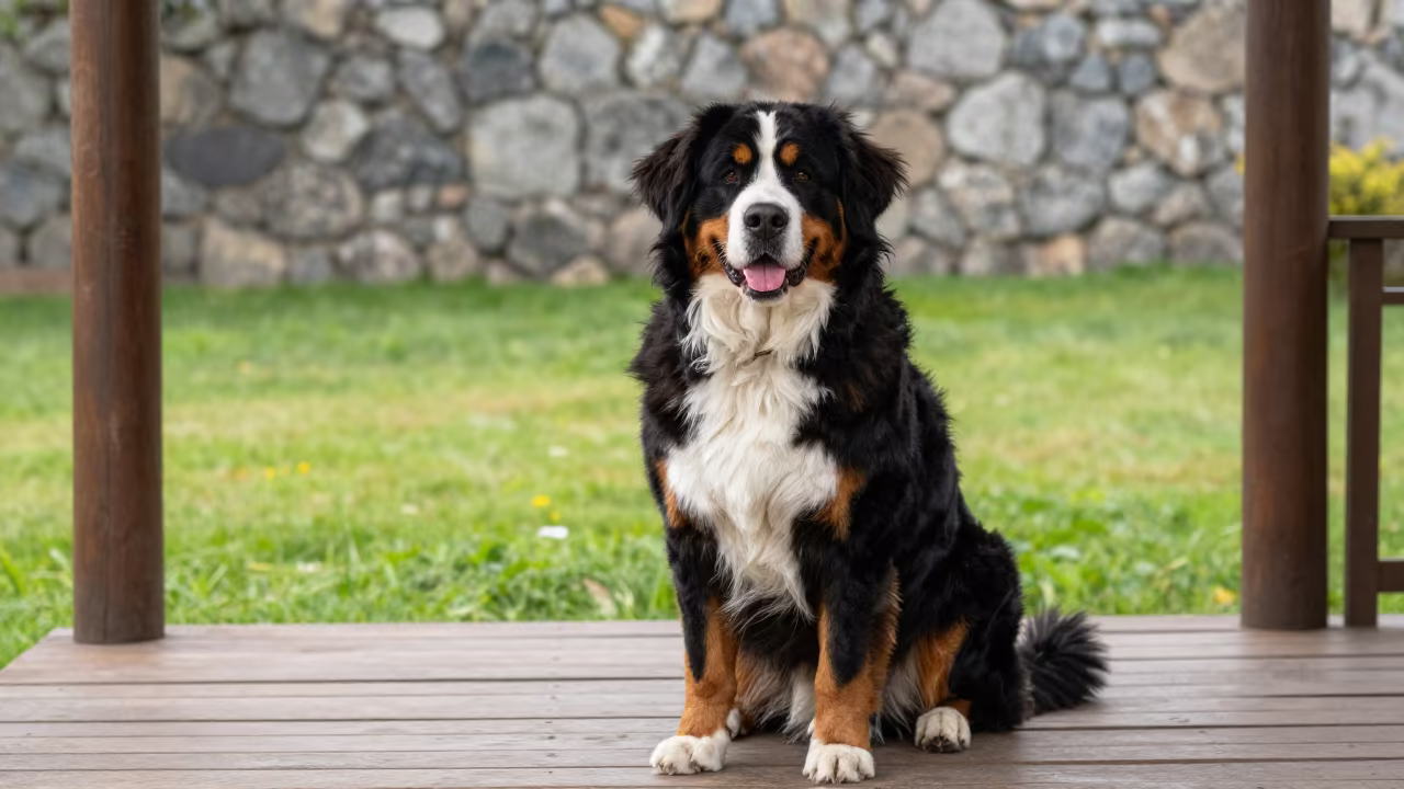 Bernese Mountain Dog Resting on Shaded Porch in in a small yard with clipped grass, calm light, and the animal centered in frame in La Ronda, Quito