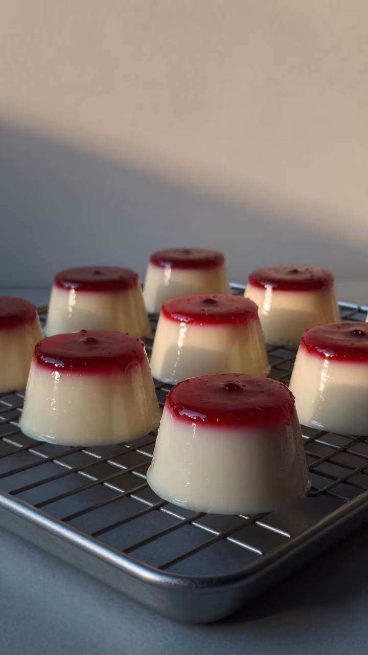 Berry Coulis Panna Cotta on Bakery Rack in on a bakery cooling rack in Campinas