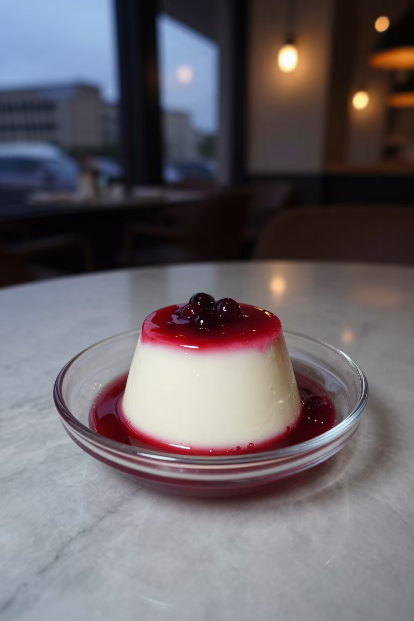 Berry Panna Cotta on Marble Cafe Table in on a marble cafe table in Cotonou