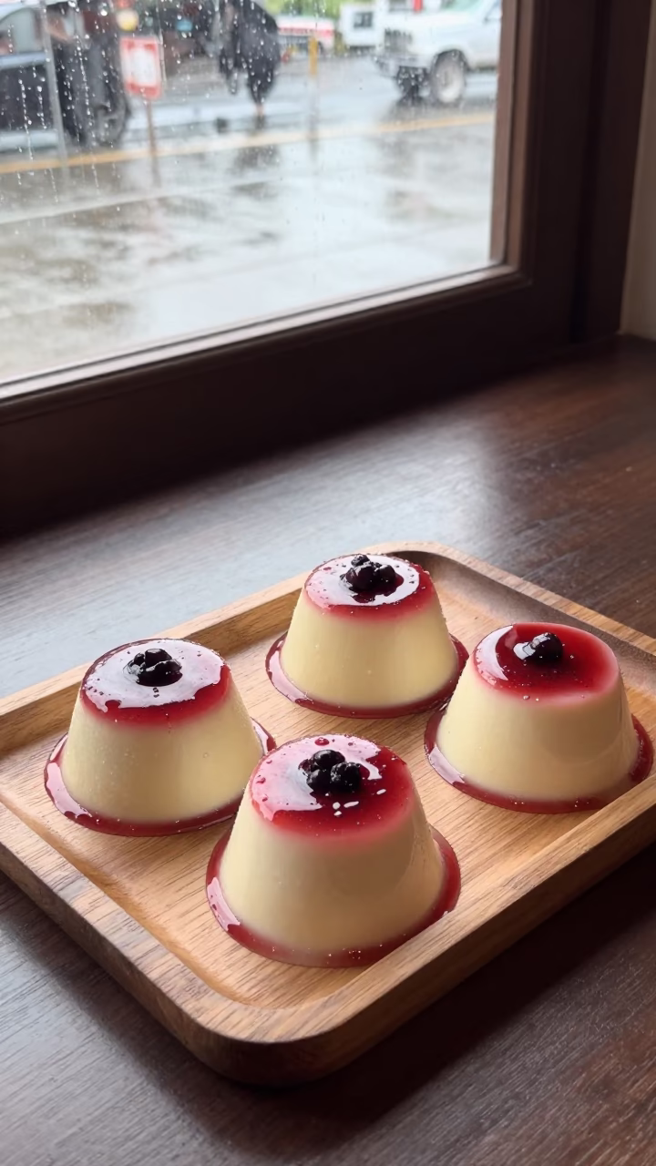 Berry Panna Cotta on Sandakan Tea House Tray in on a tea house tray in Sandakan