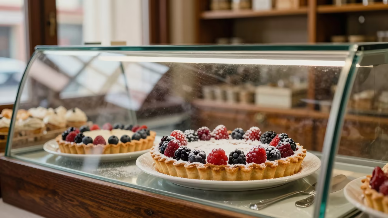Berry Tart Dusting in Tehran Bakery Case in in a bakery display case in Grand Bazaar, Tehran