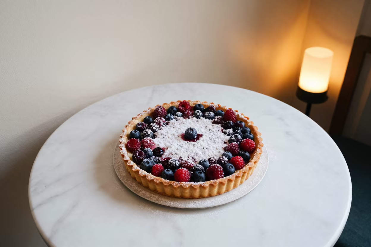 Berry Tart Powdered Sugar Marble Table Ferkessedougou in on a marble cafe table in Ferkessédougou