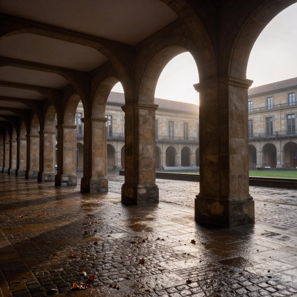Between Columns in Bilbao at First Light Of Dawn in in Bilbao, Spain
